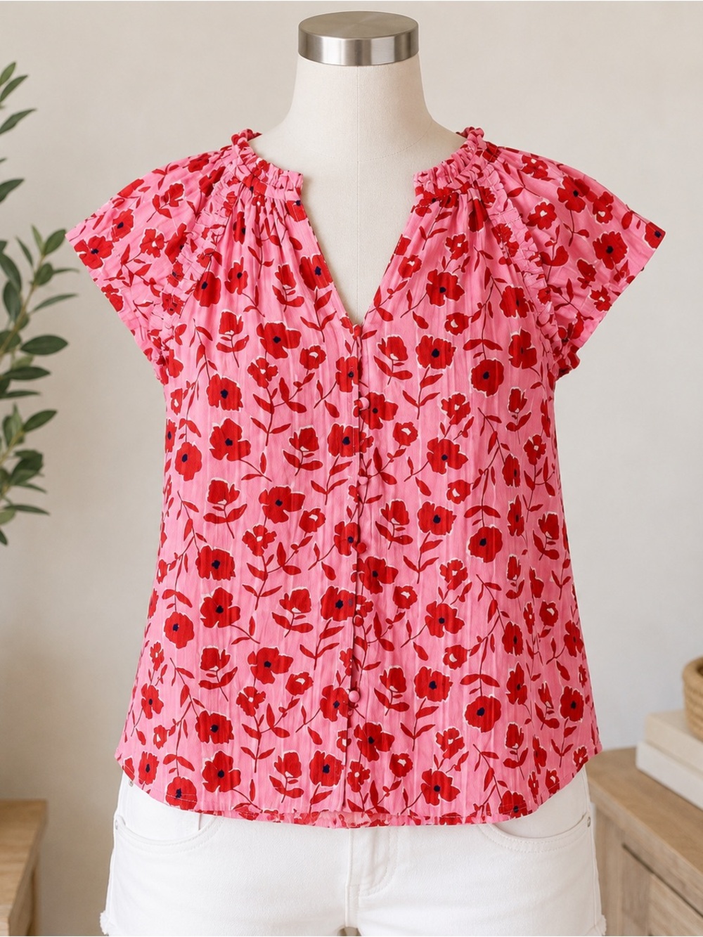 Vineyard‎ Vines Pink Floral Cotton Ruffle Sleeve Button Front Blouse Small